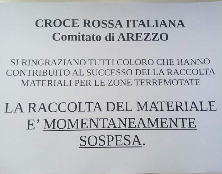 Emergenza - Terromoto - Centro Italia - Raccolta dei materiali momentaneamente sospesa
